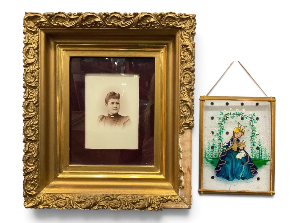 Gilt Framed Portrait and Painted Ornament
