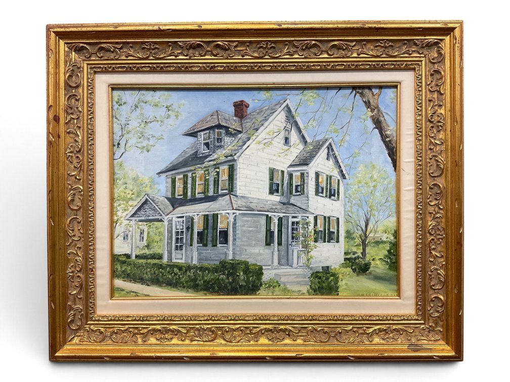 Gilt Framed White Farmhouse Oil Painting