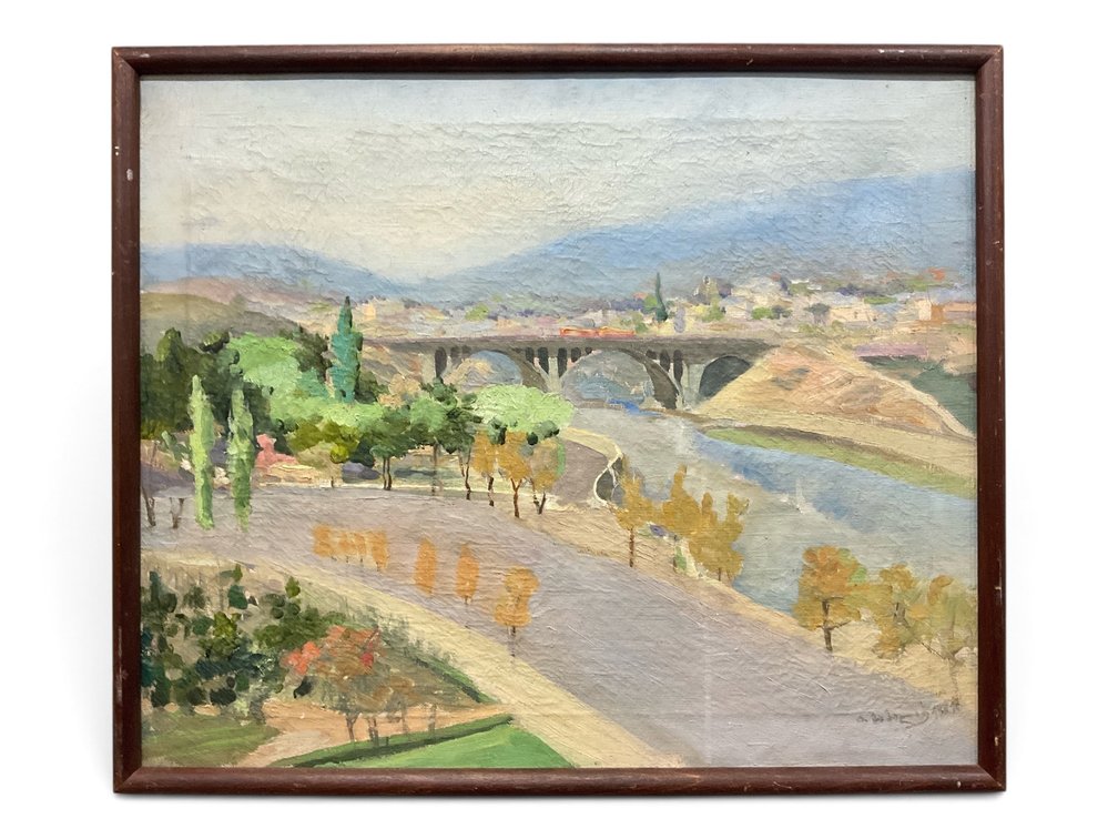 Vintage River Town with Viaduct Landscape