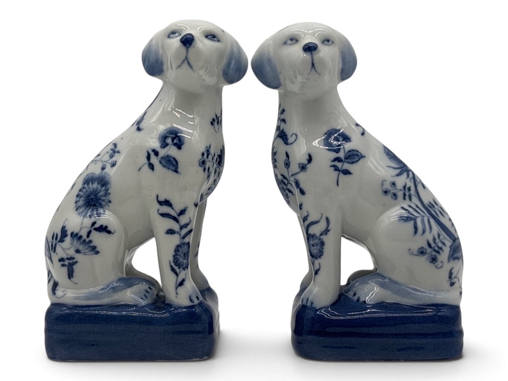 Blue and White Porcelain Seated Dog Pair