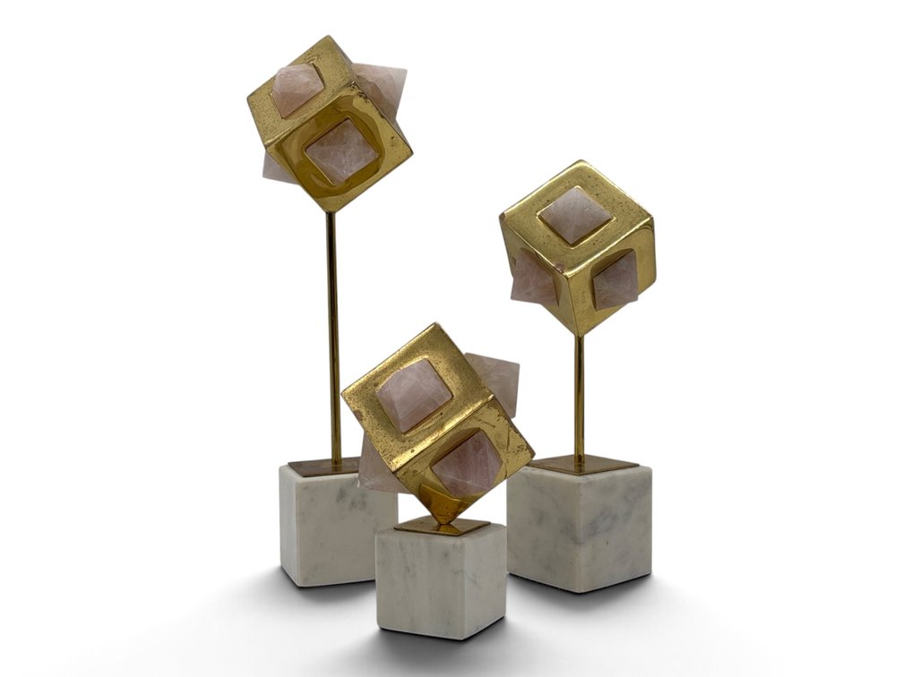 Rose Quartz and Brass ‘Ice Cube’ Sculptures