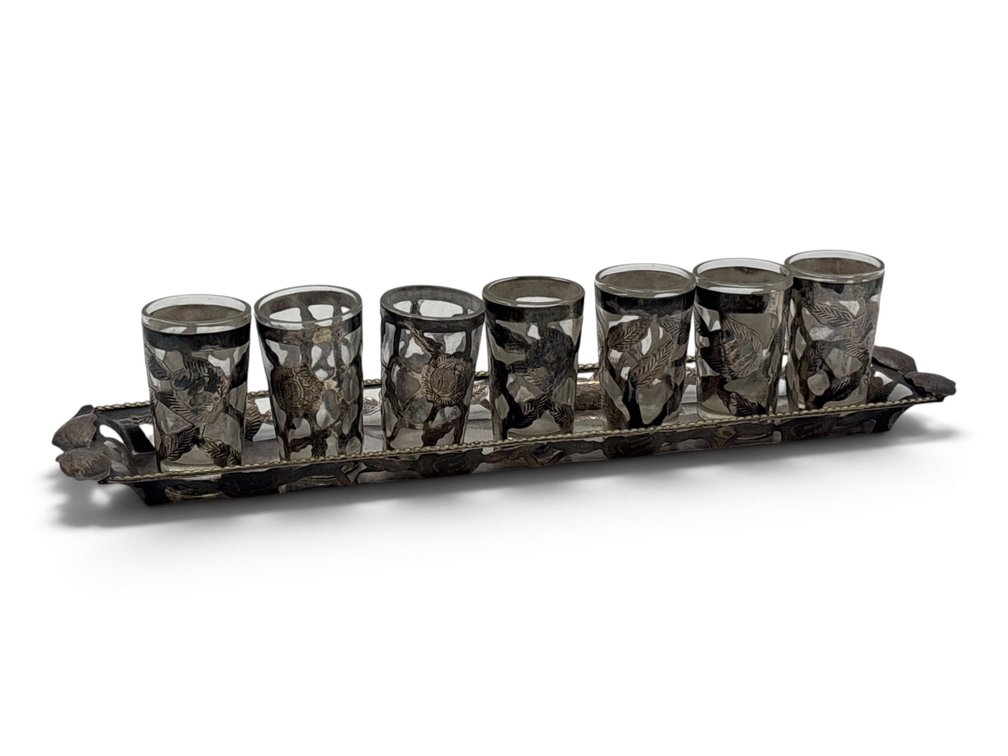 Taxco Sterling Mounted Drinks Glasses and Tray