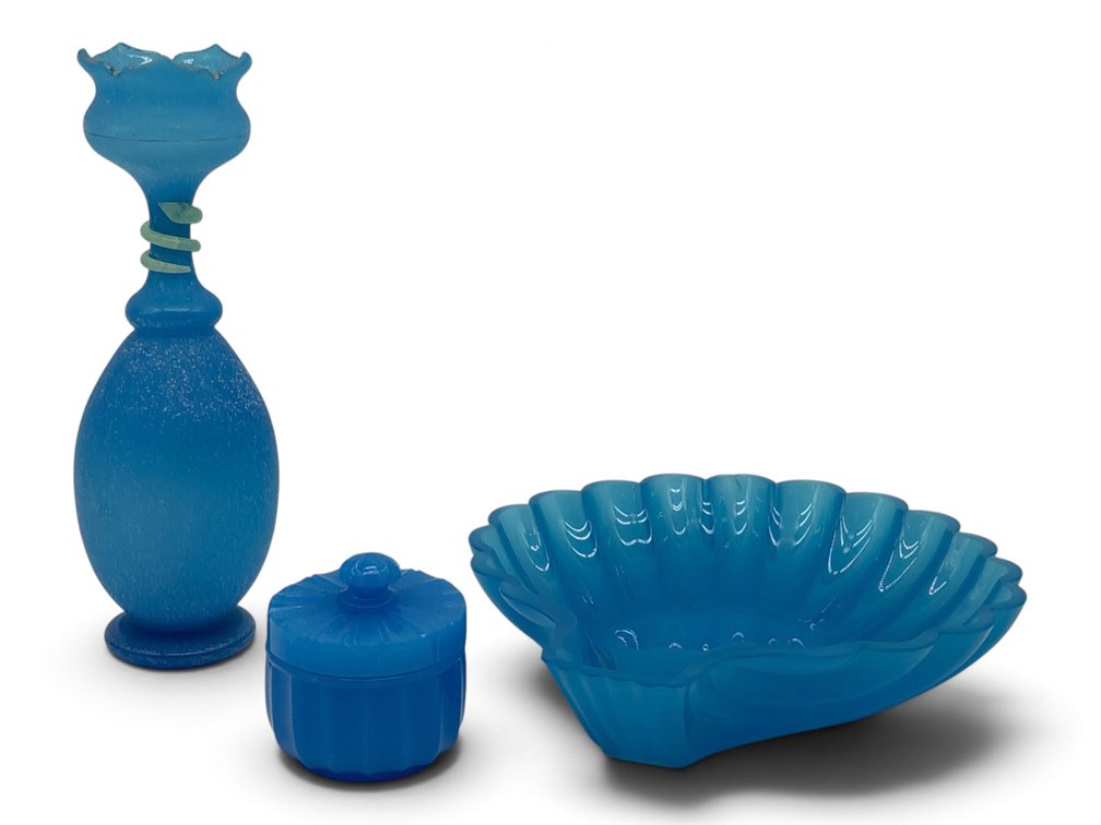 Blue Opaline Glass Scallop Shell, Vase and Covered Box