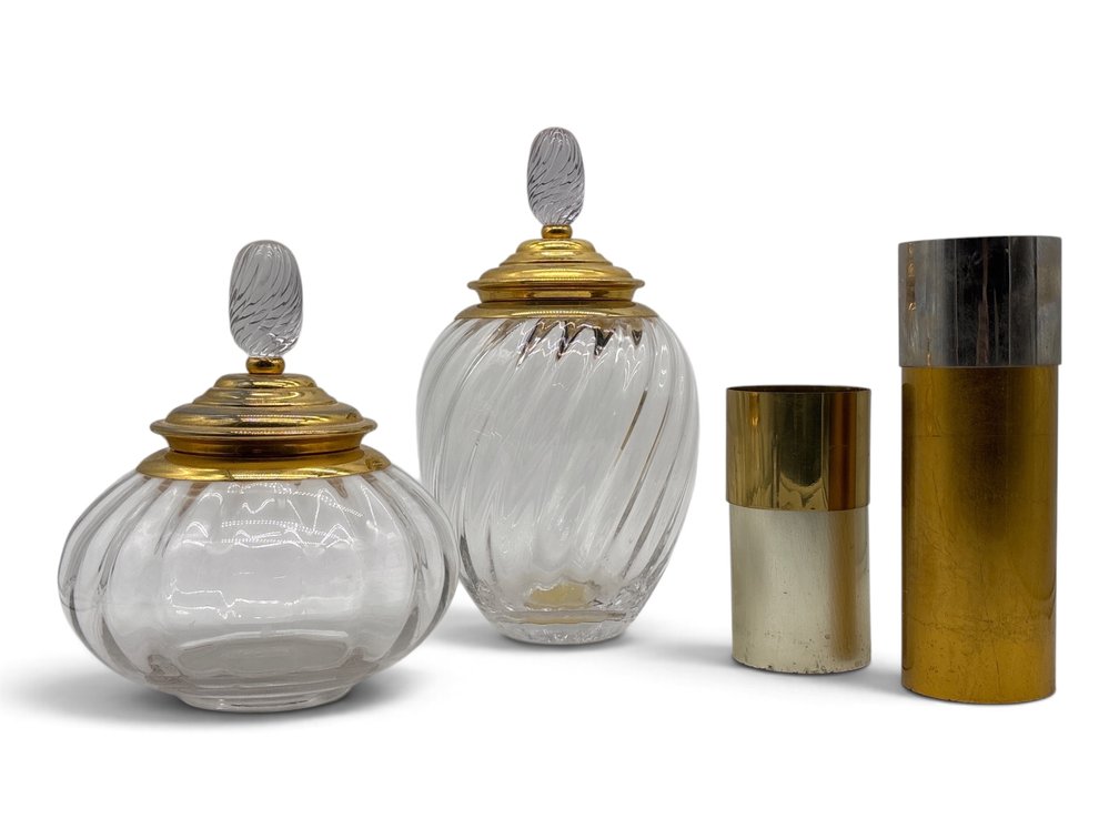 Brass Covered Optic Glass Jars and Candlestick Pair
