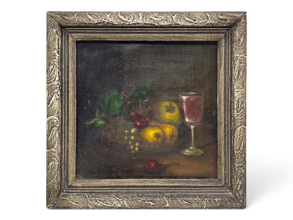 Still Life Oil on Canvas, Fruit and Wine