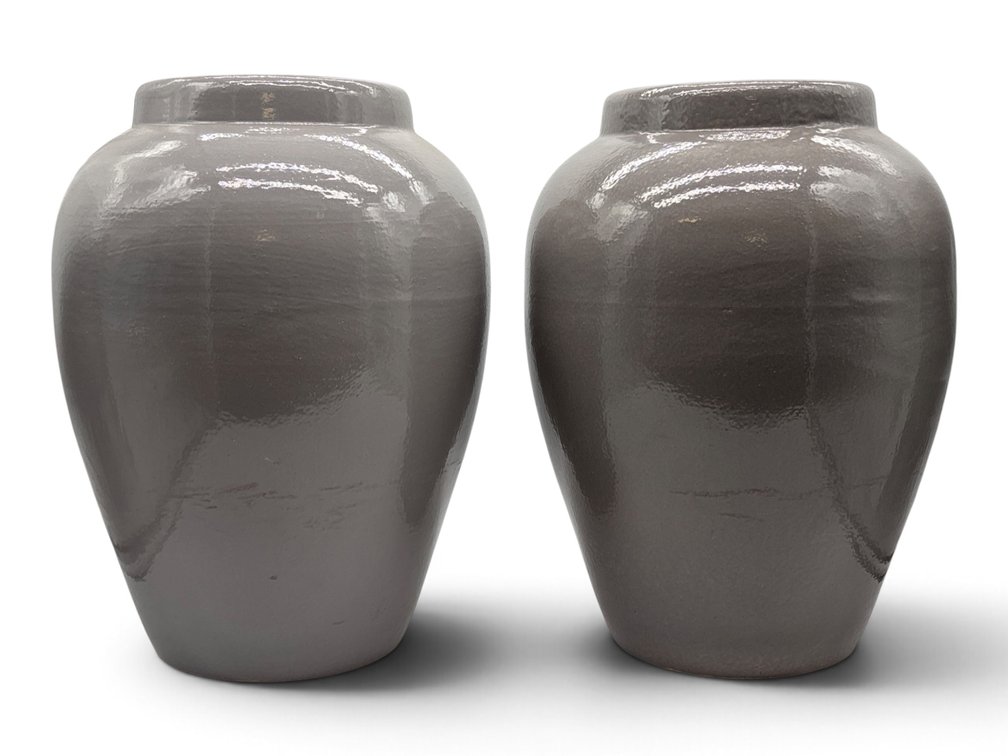 Grey Glazed Balustered Ceramic Planter Pair