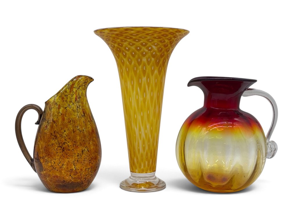 Jake Pfeifer Art Glass Trumpet Vase and Studio Pitchers