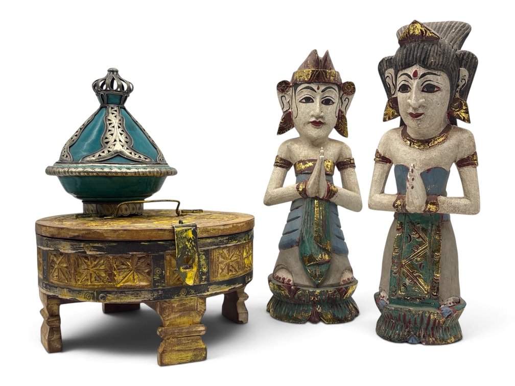 Balinese and Style Figures, Covered Box and Moroccan Covered Dish