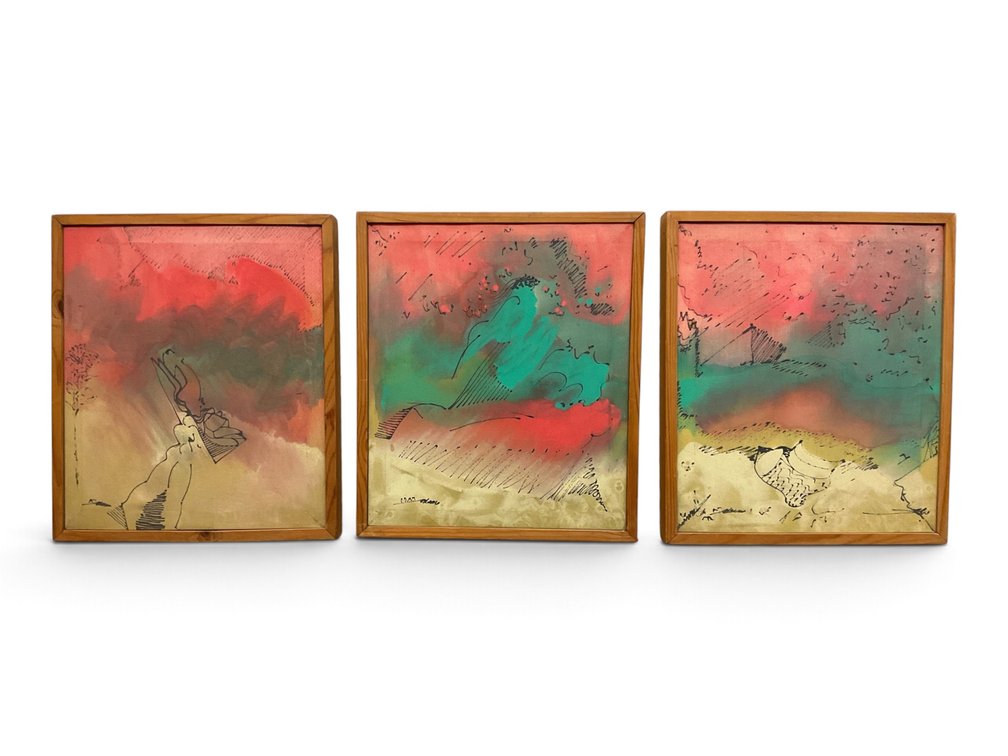 Mohamed Allam Abstract Oil on Screen Triptych