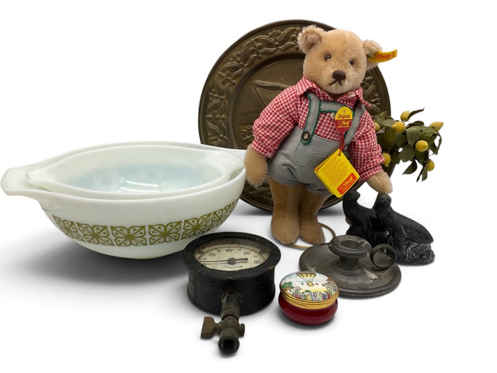 Pyrex, Steiff Bear, BilstonTrinket Box, Etc.
