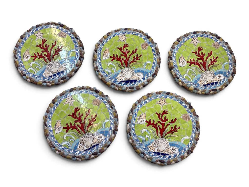 Shell and Coral Painted Mosaic Tile Wall Hangings