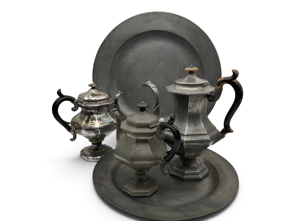 Antique English Pewter Trays, Teapots