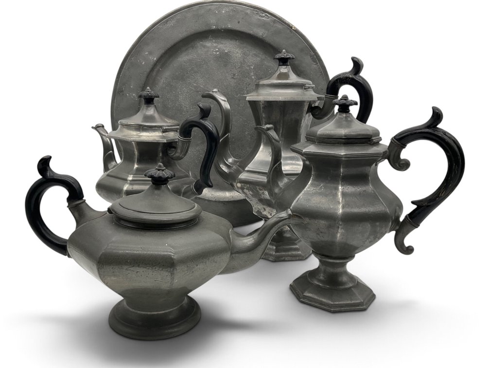 Antique English Pewter Tray, Tea & Coffee Pots