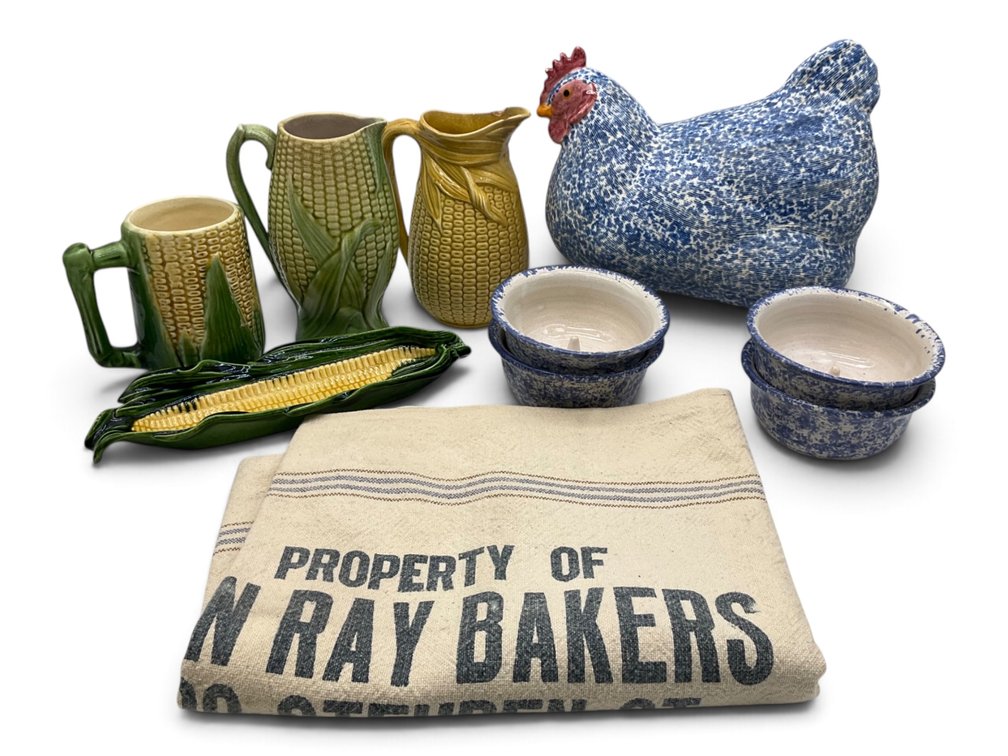 Corn Pitchers, Speckled Ceramic Hen, Etc.