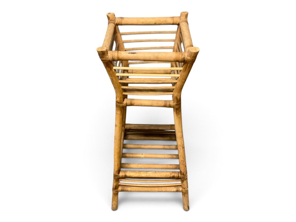 Mid Century Rattan & Bamboo Tiered Plant Stand