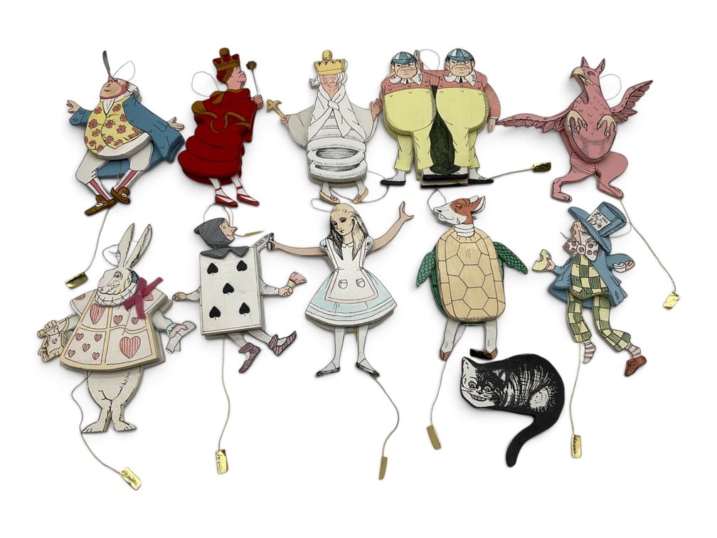 Ten Articulated Alice in Wonderland Wood Pull Toy Ornaments