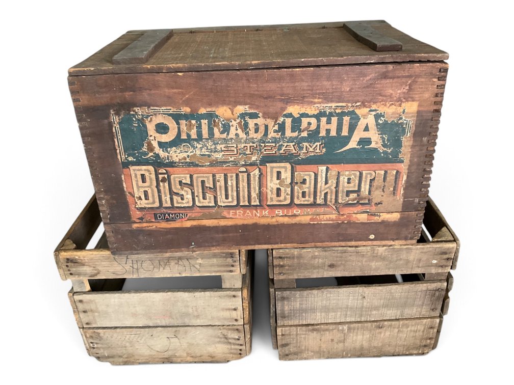 Philadelphia Steam Biscuit Bakery Lidded Wood Crate & Two Slated Wood Crates