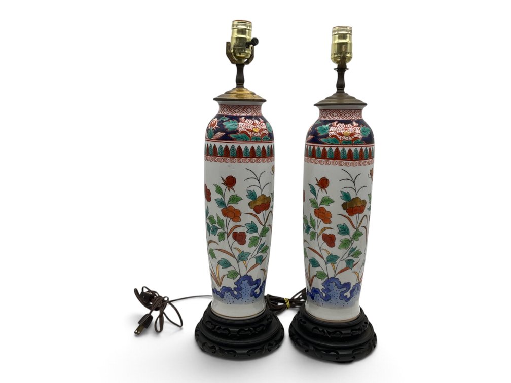 Chinese Porcelain Floral Decorated Lamp Pair