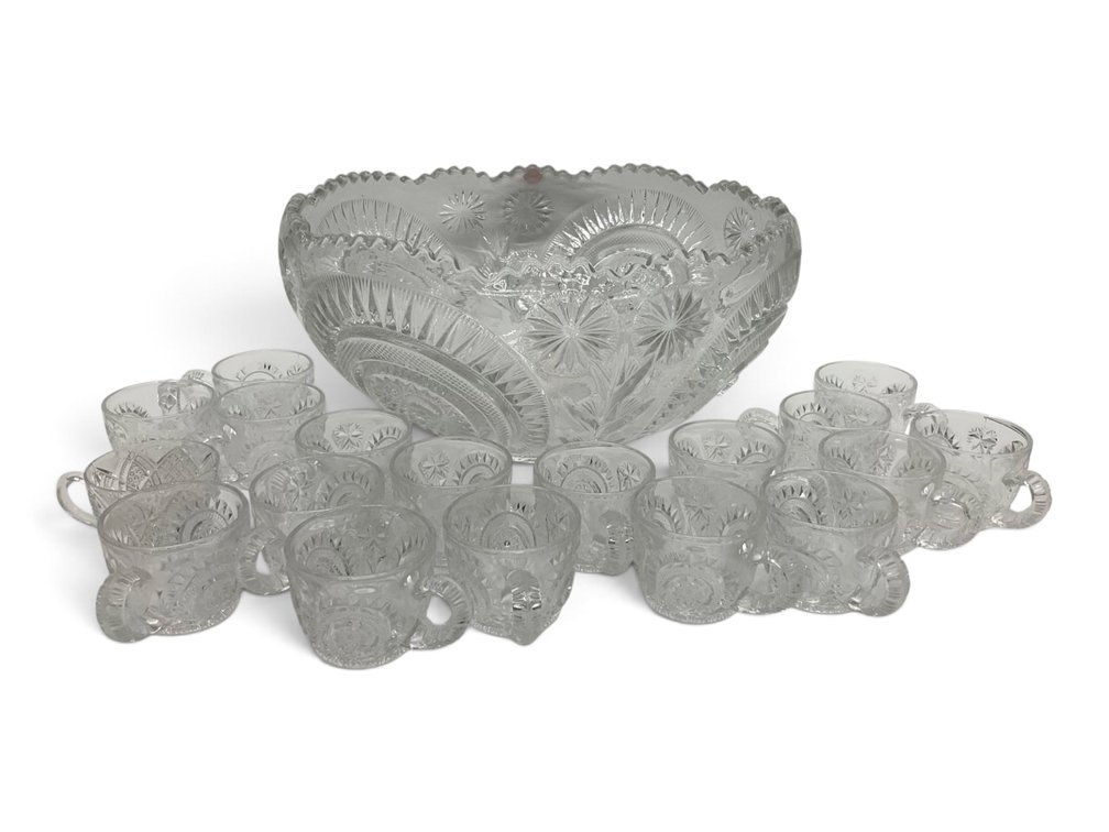 Pressed Glass Punch Bowl and Cups