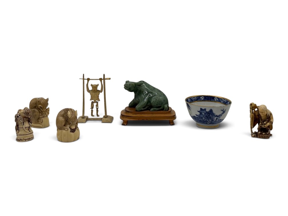 Carved Hardstone Ox, Porcelain Cup, Bone and Resin Carvings