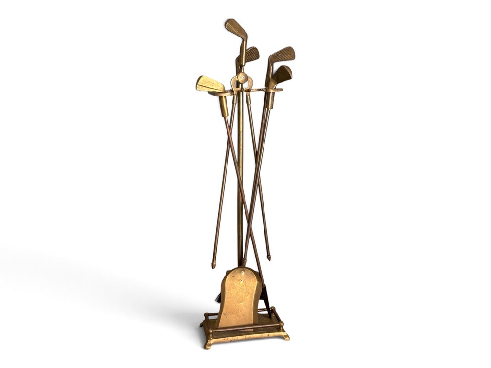 Brass Putter Themed Fireplace Tools in Stand