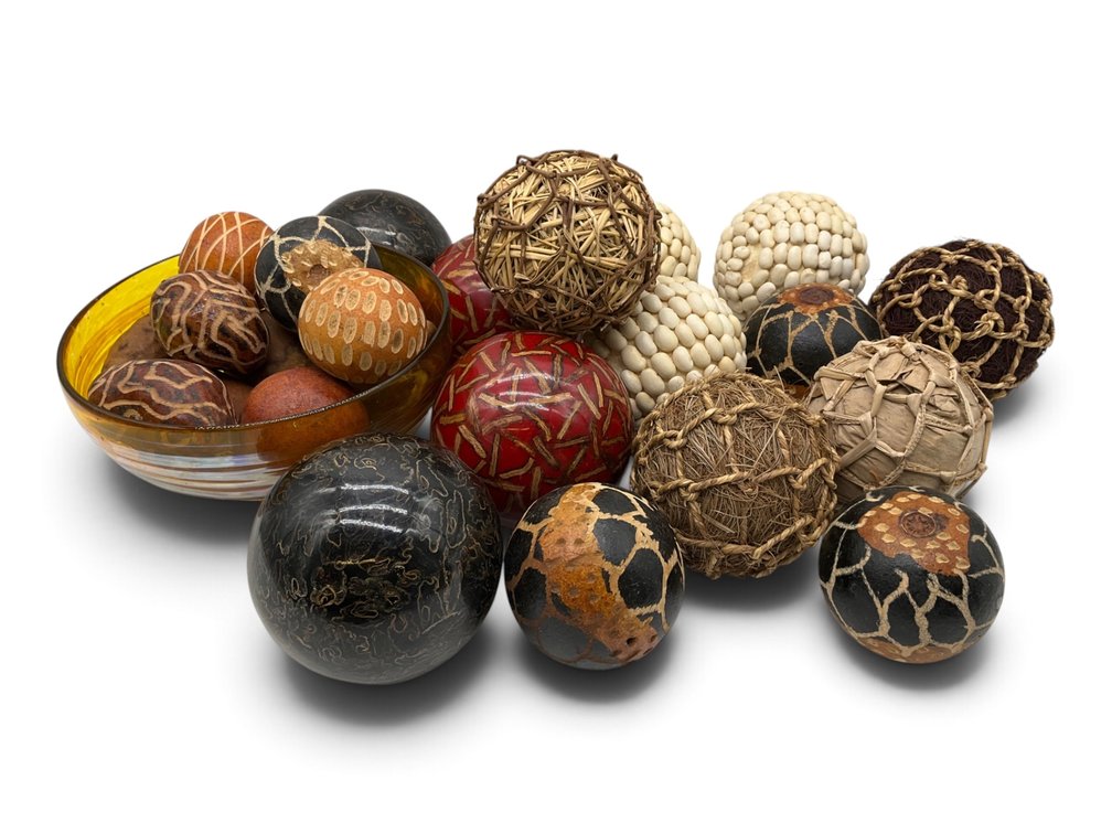 Handblown Glass Bowl , Assorted Spheres & Dried Gourds