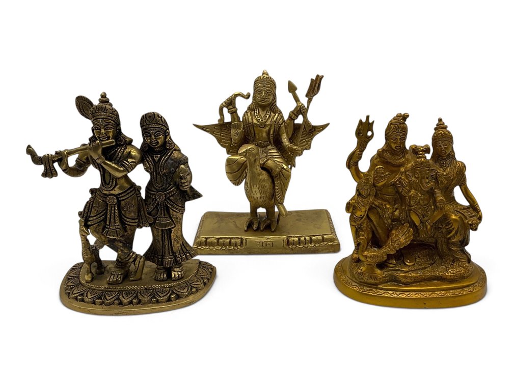 Shani Dev Idol, Lord Shiva Family and the Divine Couple Brass Figures.