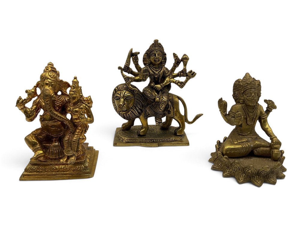 Goddess Durga, Ucchista Ganapathi and Lord Brahma Brass Figures