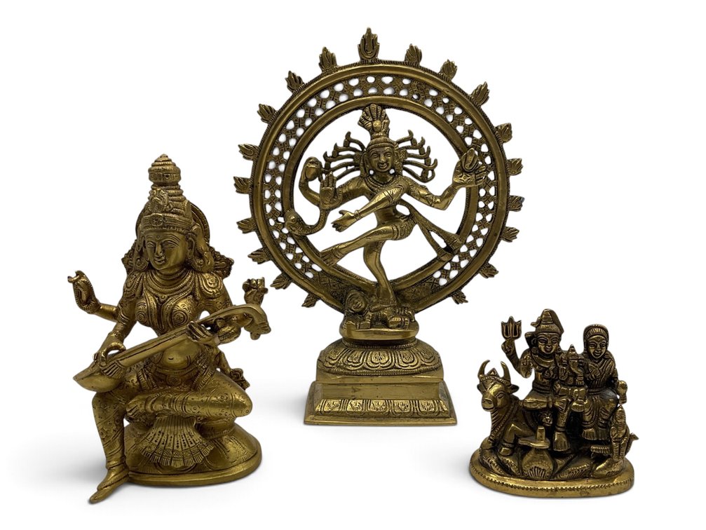 Shiva, Goddess Saraswati and Hindu Family Brass Figures