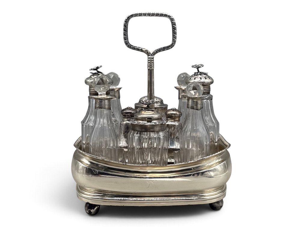 19th C. English Sterling and Crystal Cruet Set