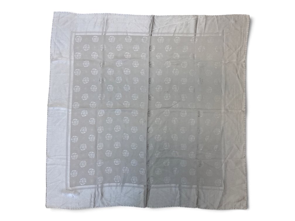 Chanel Silver Rosette Silk Scarf
