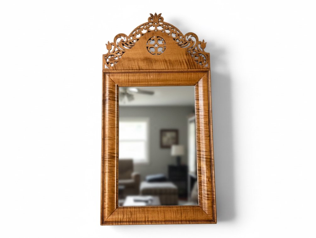 D.R. Dimes Carved Tiger Maple Mirror