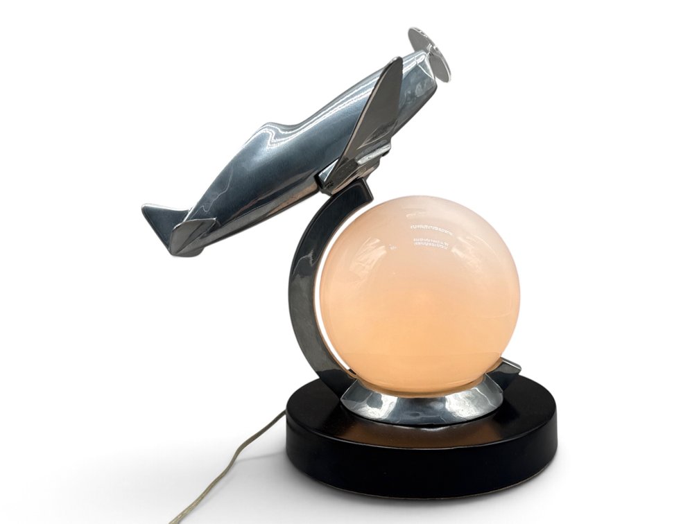 Art Deco Chrome Airplane and Globe Table Lamp