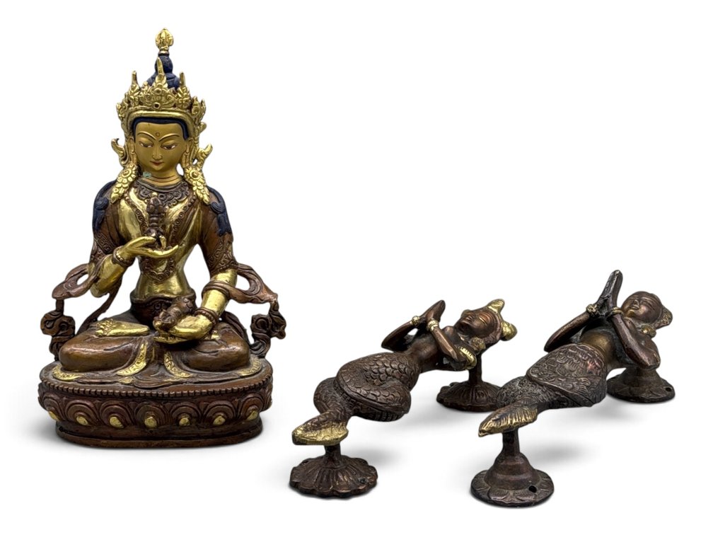 Tibetan Gilt Bronze Seated Deity and Ritual Door Pulls