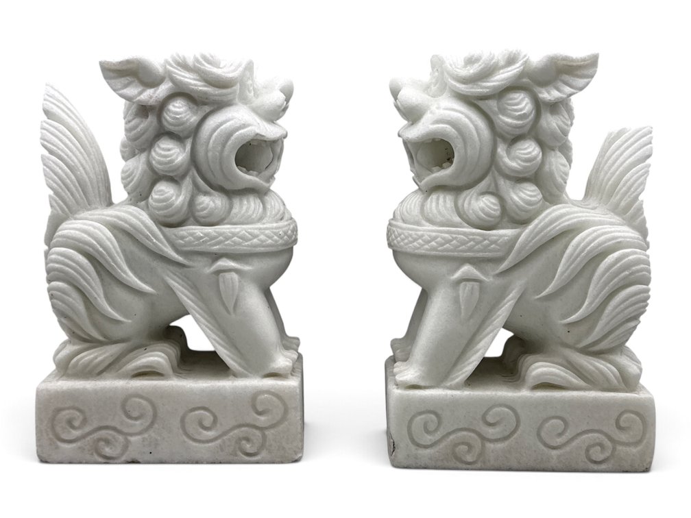 Pair of White Marble Foo Dog Sculptures