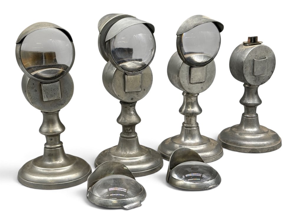 Four Pewter Bullseye Whale Oil Lamps