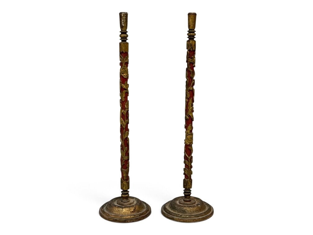 Pair of Chinese Qing Red and Gilt Wood Candlesticks