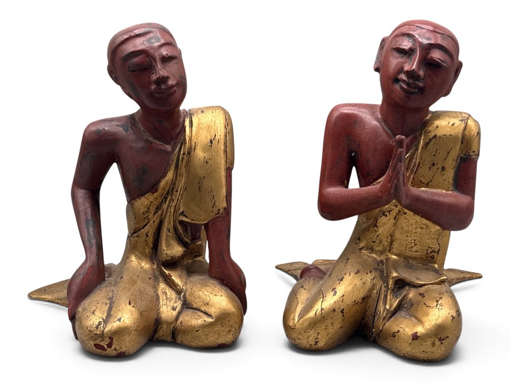 Pair Burmese Gilt Wood Kneeling Monk Figurines