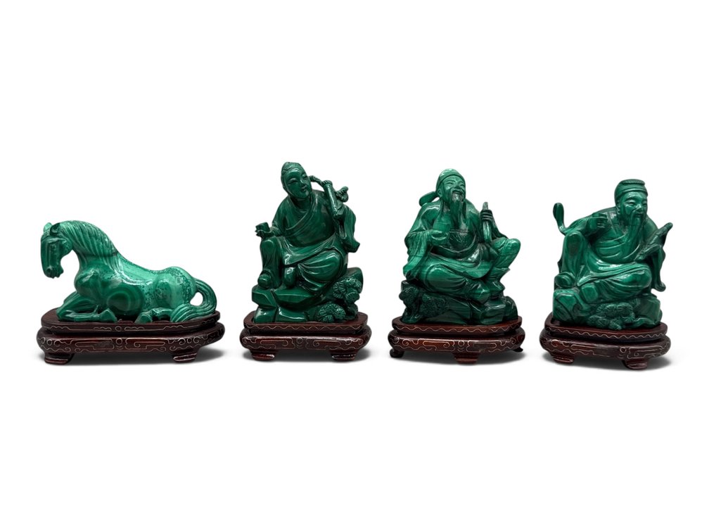 Four Chinese Malachite Elder and Horse Figurines