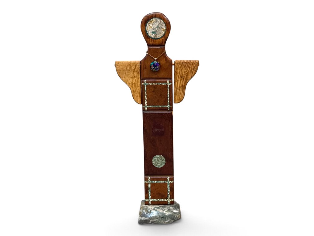 Artisan Mixed-Wood and Turquoise Totem Pole
