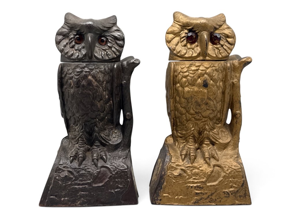 Two J.E. Stevens Owl Mechanical Coin Banks