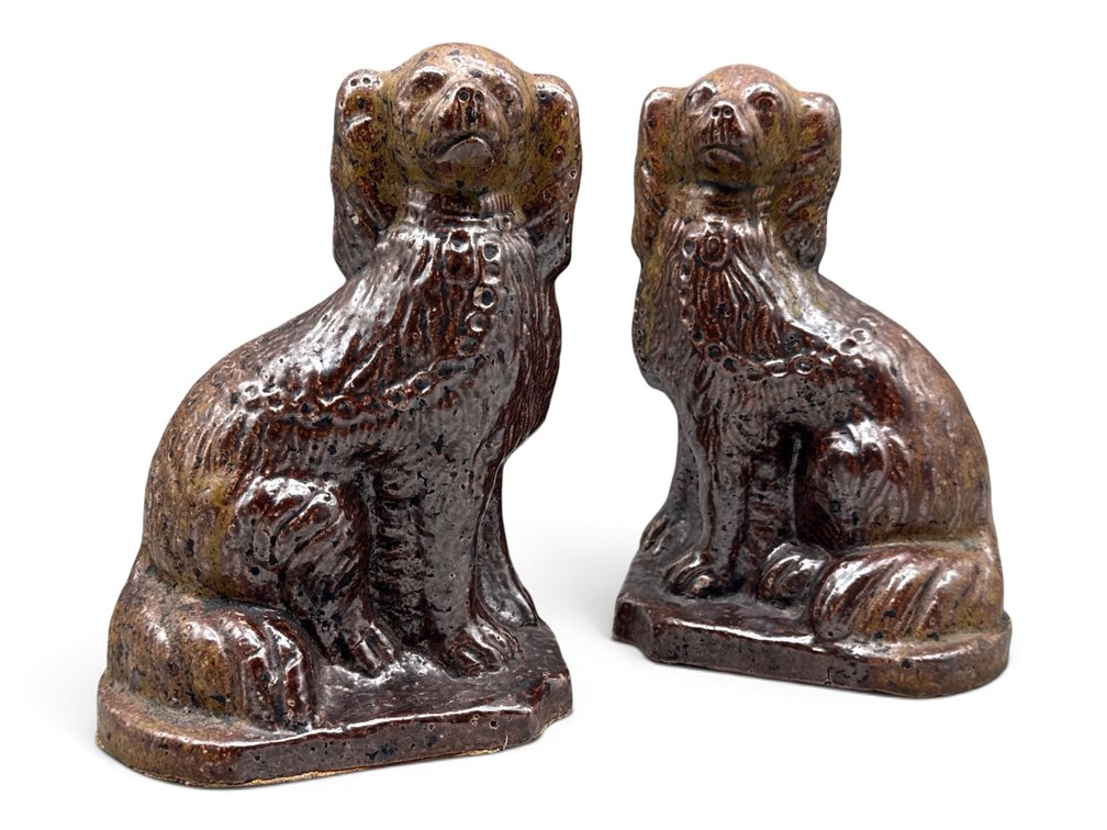 Pair 19th C. Sewer Tile Pottery Staffordshire Dogs