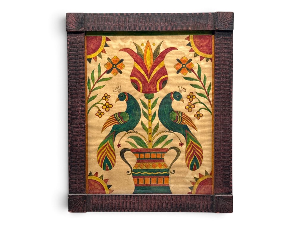 David Ellinger. Mirrored Bird Watercolor Fraktur.