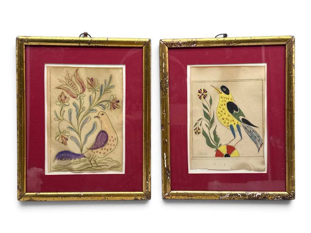 Pair Gilt-Framed Watercolor/Paper Frakturs
