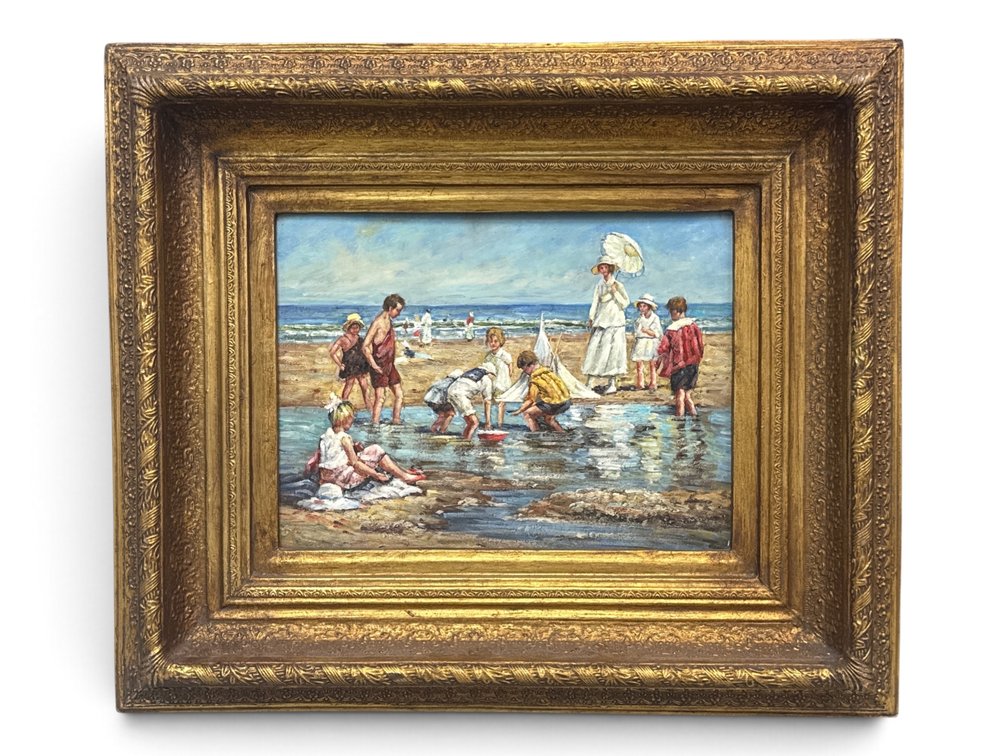 Gilt-Framed Oil/Panel: Impressionist Style Beach Scene