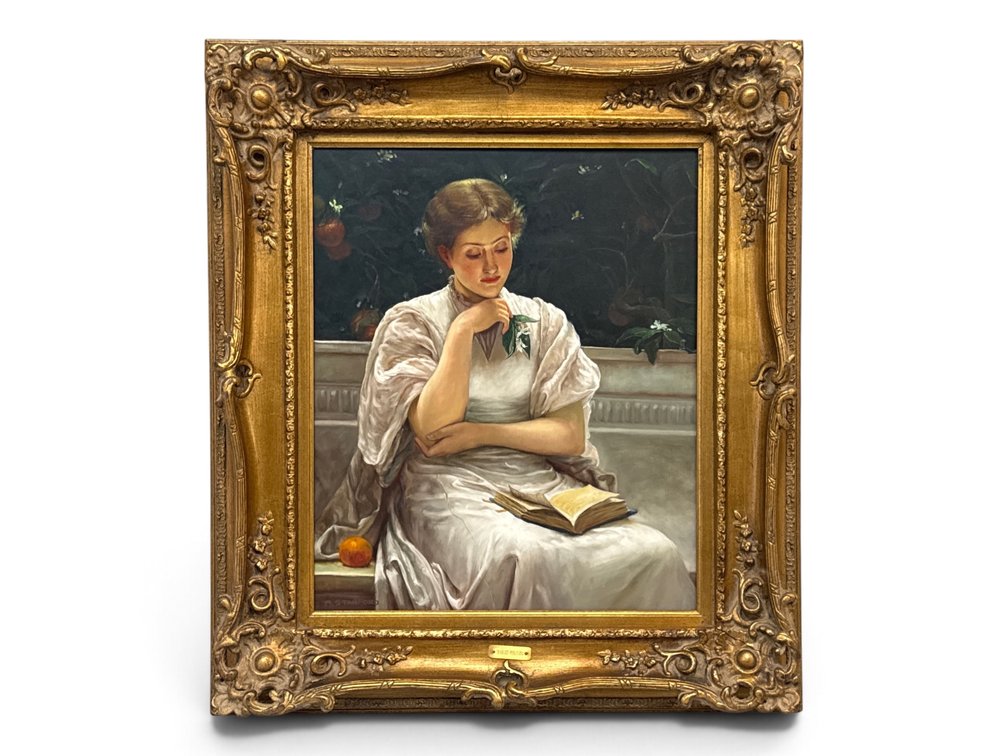 R. Stanford. Acrylic/Canvas: Portrait of Reading Woman
