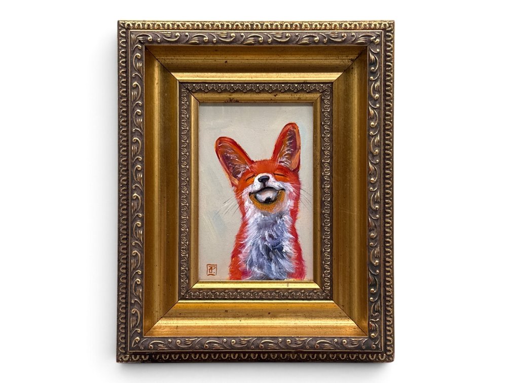 Gilt-Wood Framed Oil/Canvas: Smiling Fox