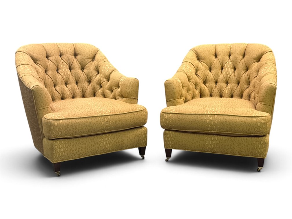 Pair of Baker Tufted Upholstered Club Chairs