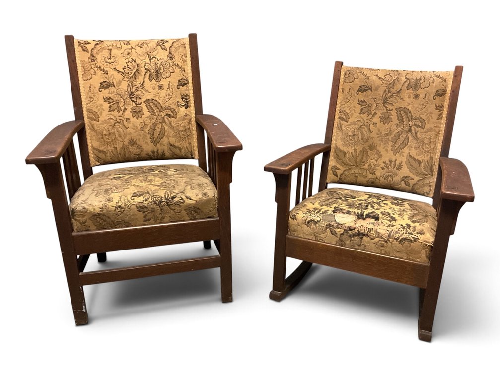 Two Mission Style Oak Armchairs