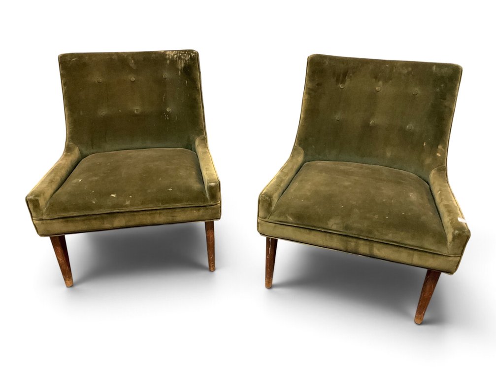 Pair Diminutive Green Velvet Slipper Chairs
